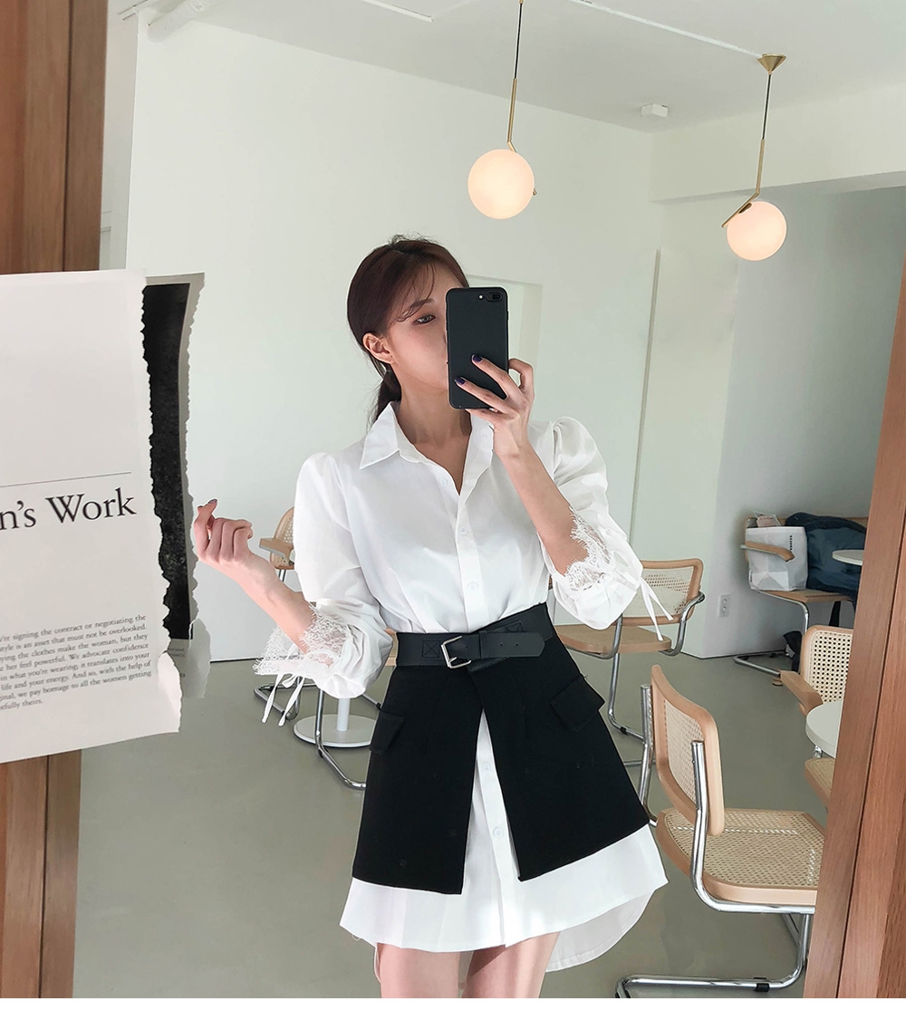 THỜI TRANG HÀN QUỐC - Long Shirt and Belted Skirt Set