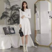 THỜI TRANG HÀN QUỐC - Faux Pearl Button Big Collar Knit Dress