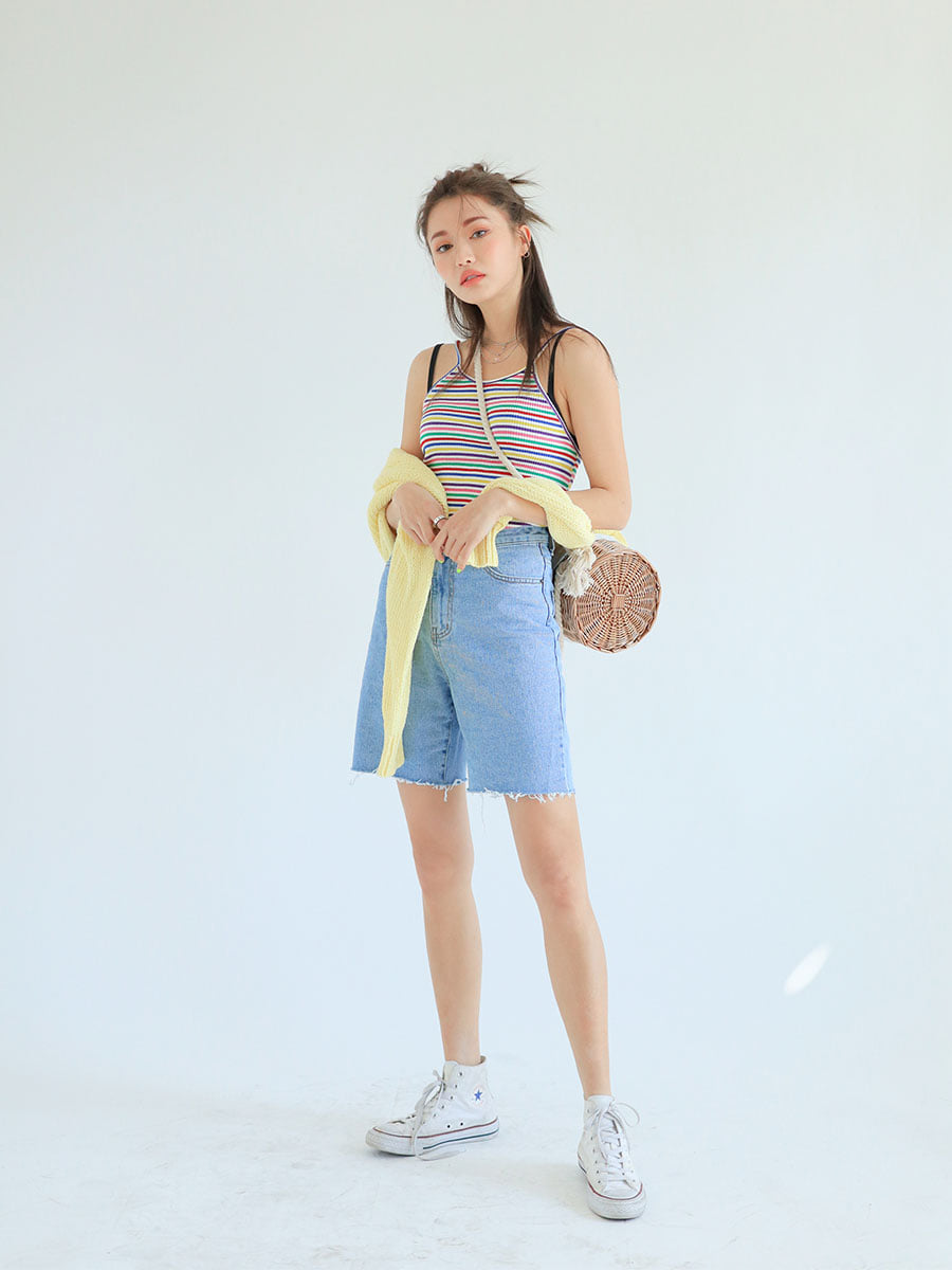 THỜI TRANG HÀN QUỐC - Frayed Hem Cutoff Denim Shorts