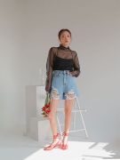 THỜI TRANG HÀN QUỐC - Shredded High-Rise Denim Shorts