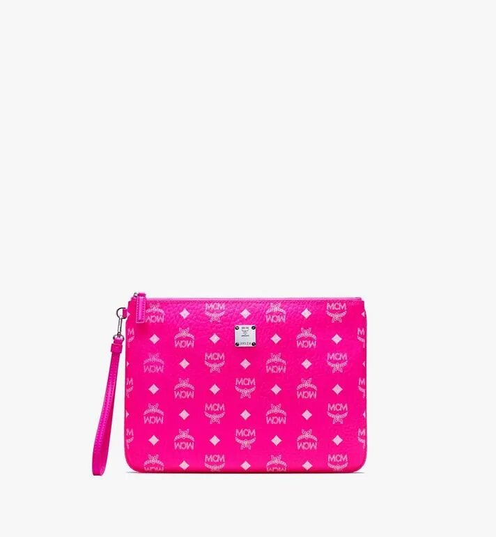 VÍ MCM Medium - ZIP POUCH IN VISETOS - Neon Pink
