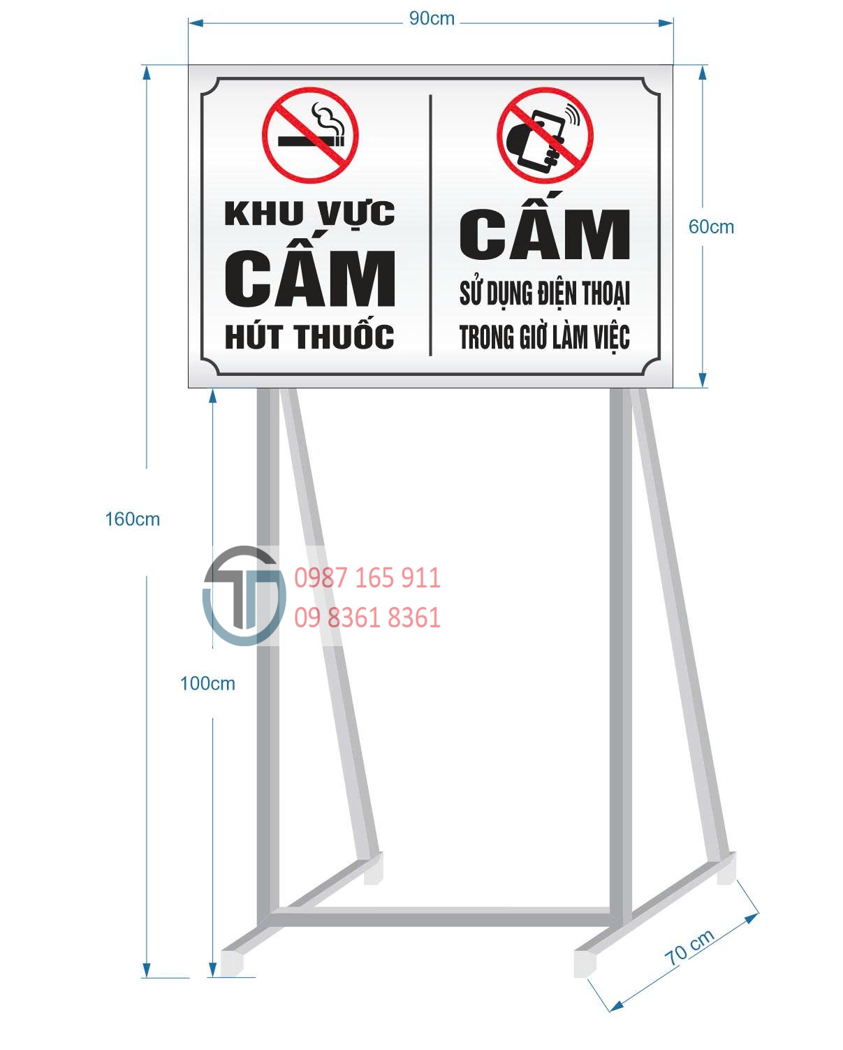 Biển báo Loại chân đến di động. Khung Inox 304, loại hộp 2,5cm x 2,5cm x 0,18cm mặt biển Inox 3mm ăn mòn, in mầu.  KT biển: (90x70)cm. KT khung: Cao 160cm, có chân đỡ phía sau.