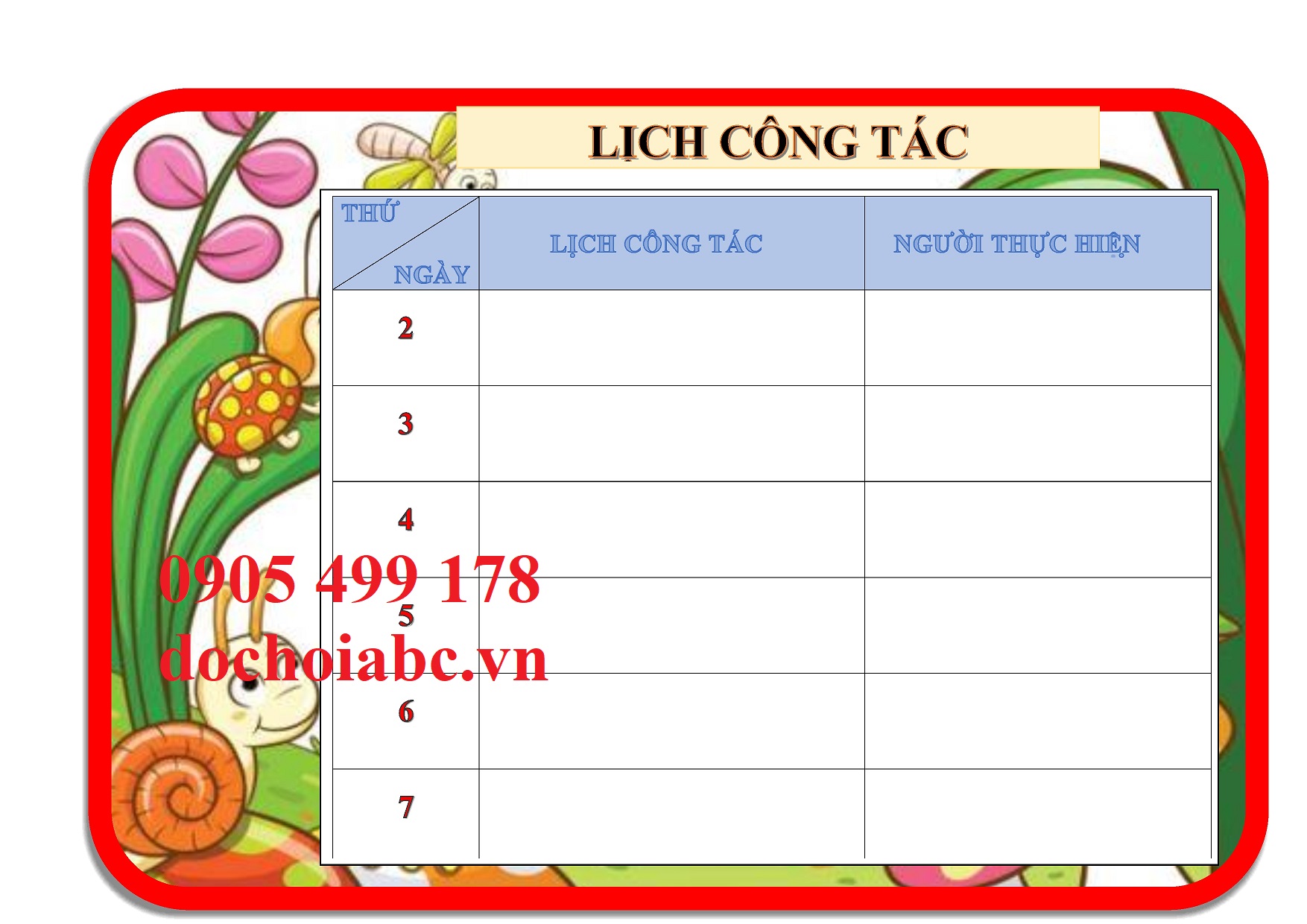 Bảng lịch công tác trong tuần cho trường mầm non