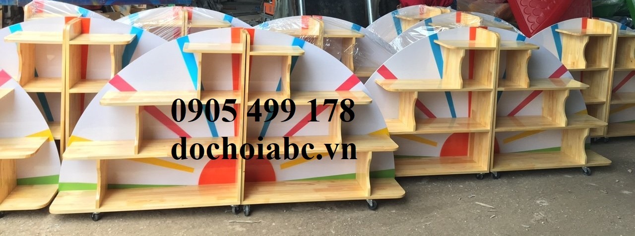 KỆ GỖ ĐỂ HỌC LIỆU HÌNH RẼ QUẠT 2 KHỐI CHO BÉ MẦM NON