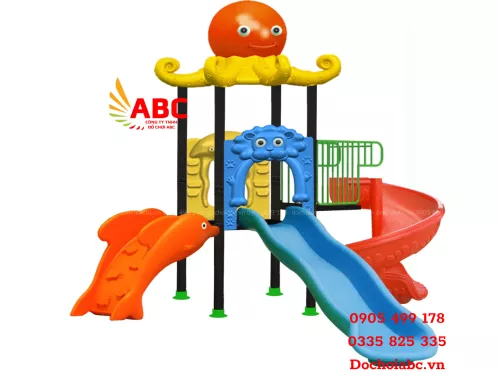 Bộ cầu trượt 1 khối máng xoắn hở - bậc thang con cá
