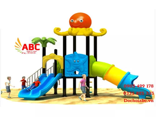Bộ cầu trượt liên hoàn 2 khối ống trượt thẳng - mái bạch tuột