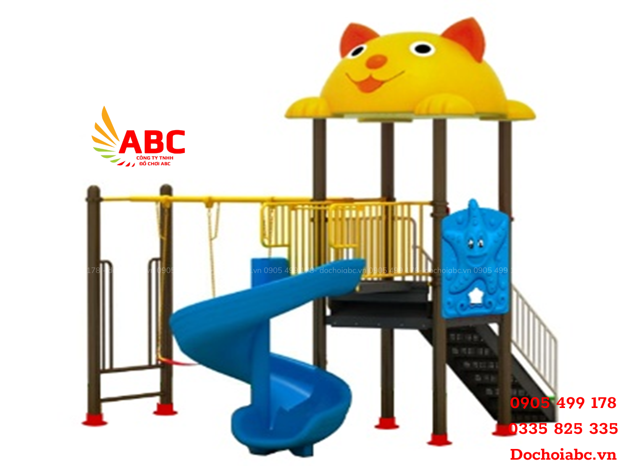 Cầu trượt liên hoàn ngoài trời mái mèo kết hợp leo trèo xích đu