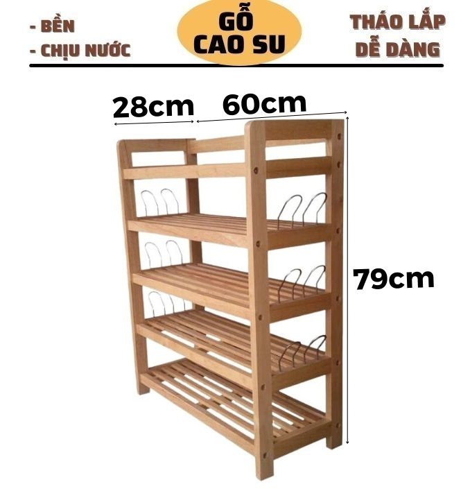 KỆ GIÀY 5 TẦNG RỘNG 60CM BẰNG GỖ CÓ MÓC SẮT (TỰ NHIÊN)