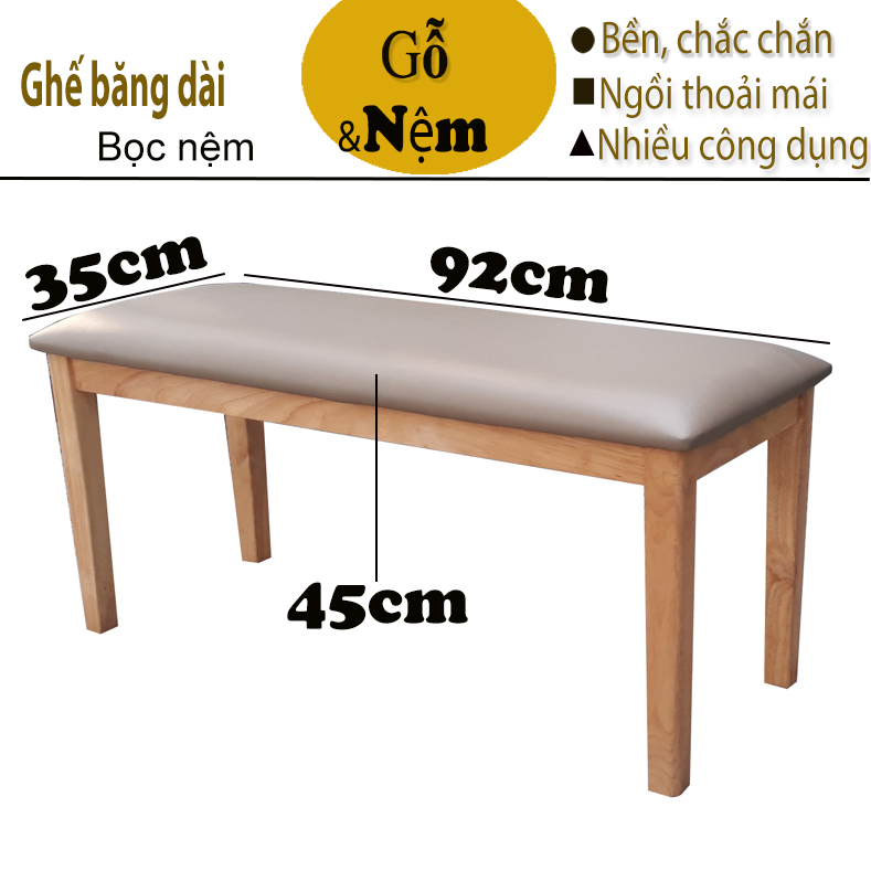 GHẾ BĂNG DÀI 92x35x45CM BẰNG GỖ (NỆM XÁM)