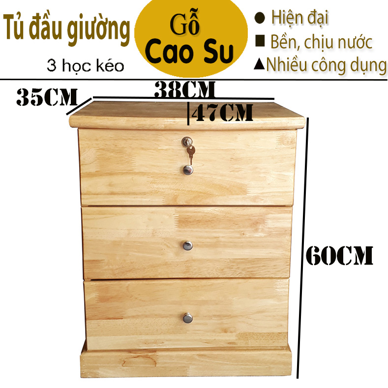 TỦ ĐẦU GIƯỜNG 3 HỌC KÉO 38x47x60CM BẰNG GỖ (TỰ NHIÊN)