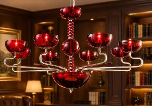 Đèn chùm tay kim loại Gemini, chụp pha lê đỏ, 8 bóng