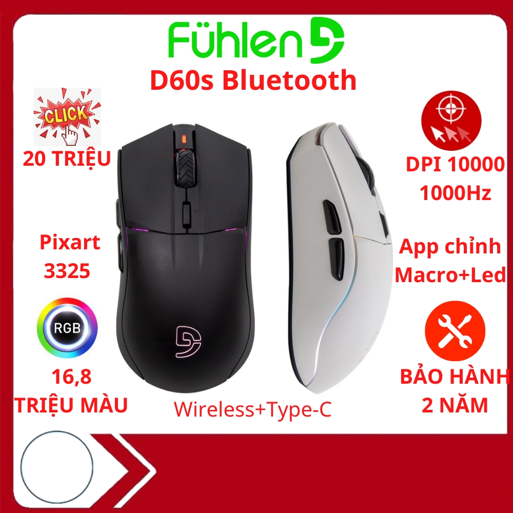 Chuột gaming Bluetooth Fuhlen D60s RGB, DPI 10000, 3 Mode kết nối, App chỉnh macro- BH 2 năm