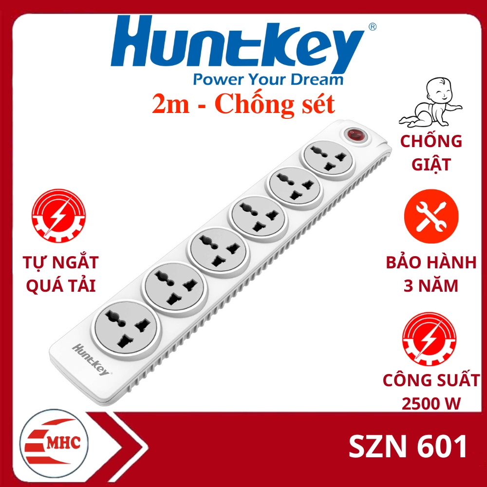 Ổ cắm điện chống sét Huntkey SZN 601 chống giật, tự ngắt quá tải, đồng nguyên khối, chống cháy