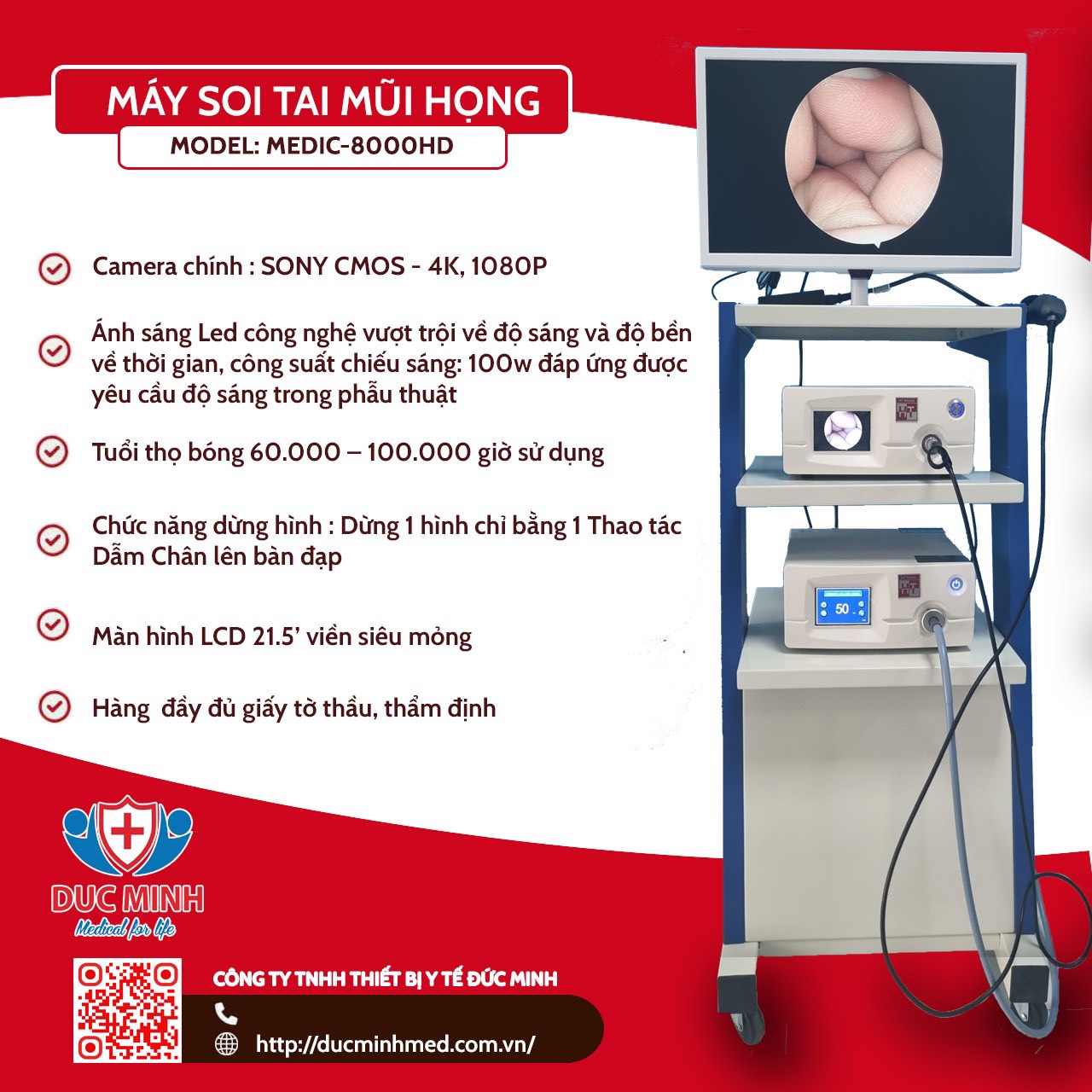 MÁY NỘI SOI TAI MŨI HỌNG CAO CẤP 4K, 1080P (MODEL: MEDIC-8000HD)