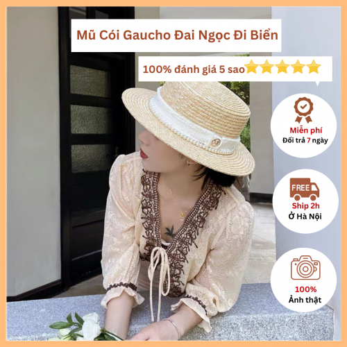 Mũ đi biển gaucho chữ M đai ngọc