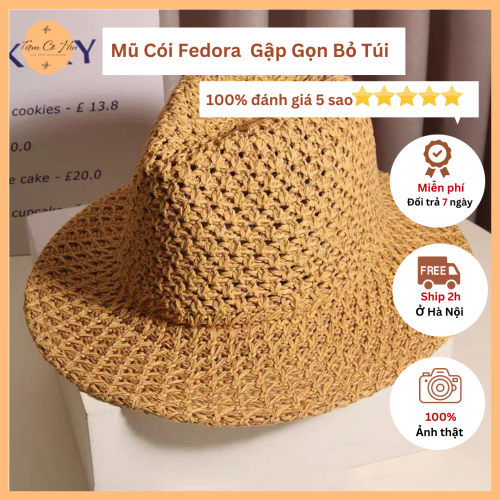 Mũ cói fedora đi biển gập gọn