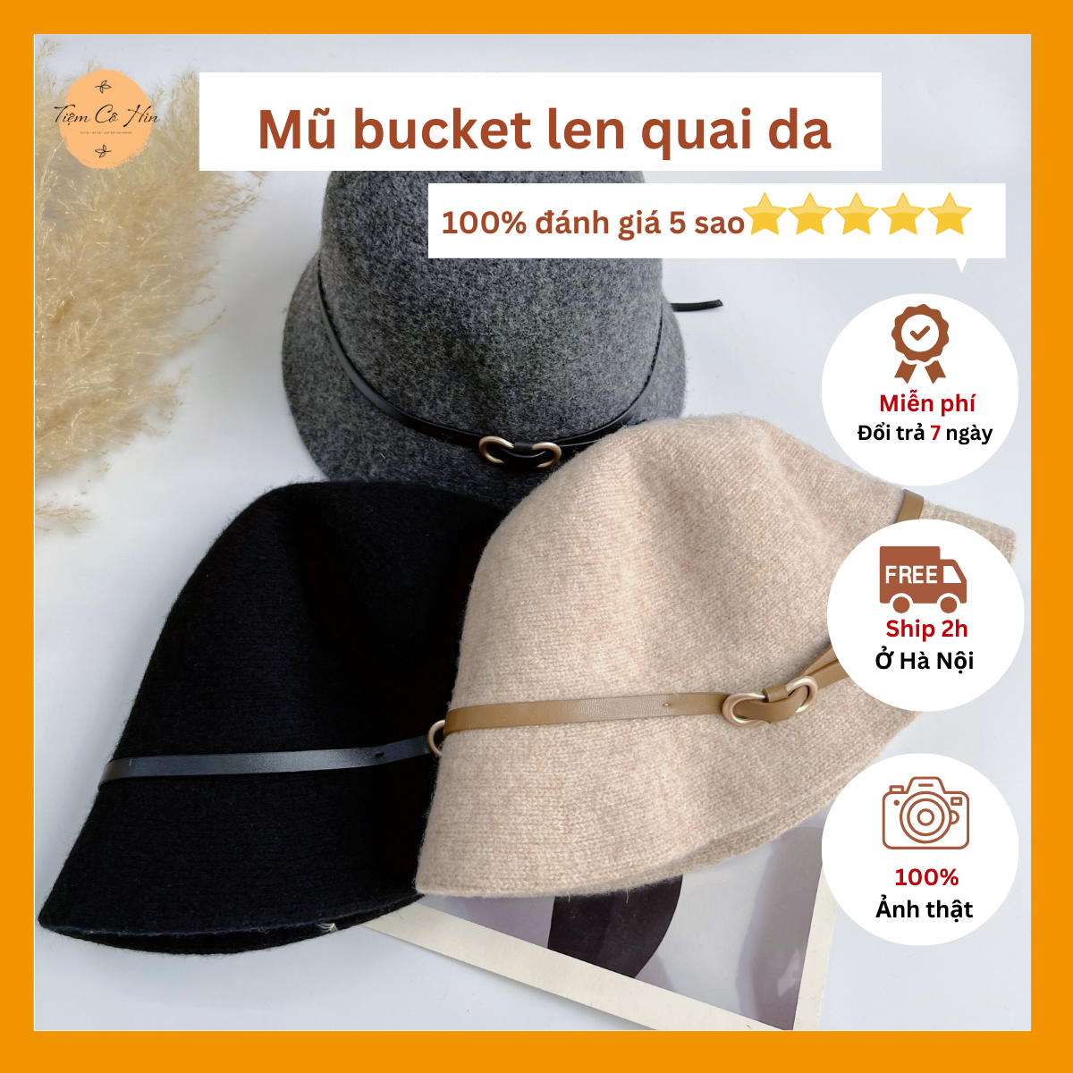 Mũ bucket len đai da