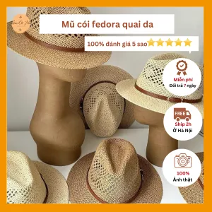 Mũ đi biển fedora đan thưa đai da