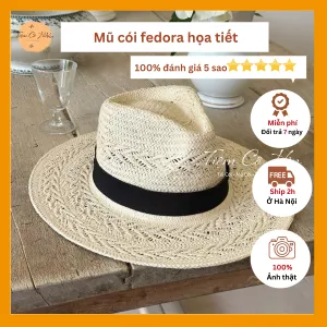 Mũ cói đi biển fedora họa tiết
