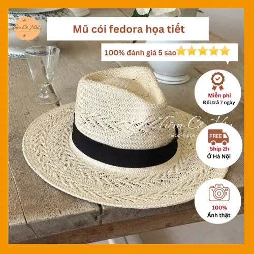 Mũ cói đi biển fedora họa tiết