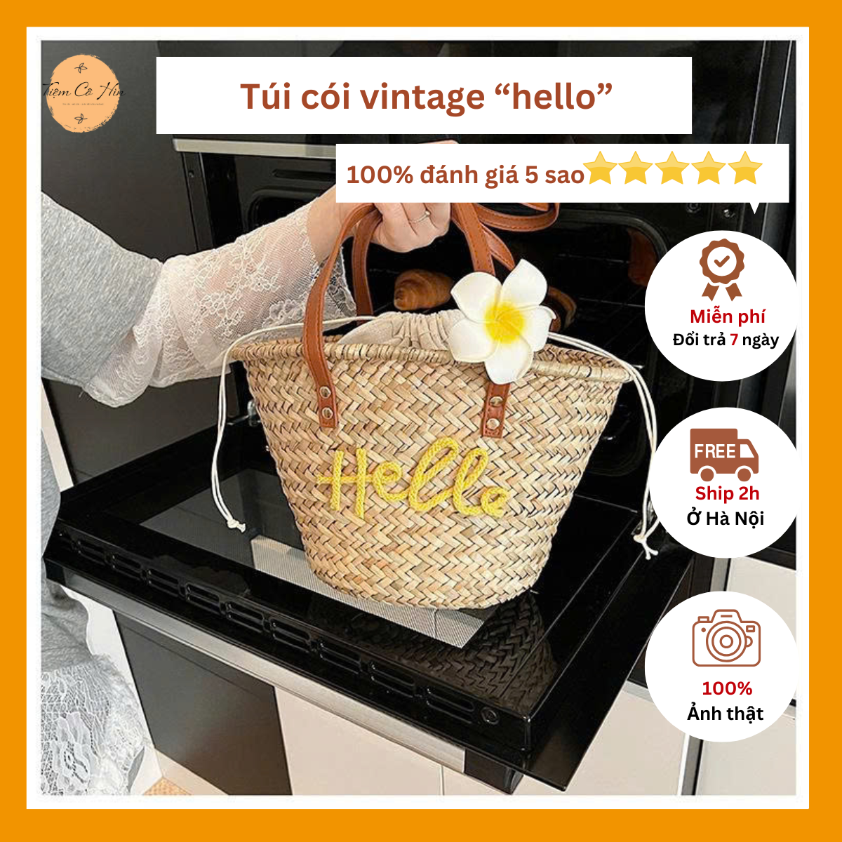 Túi cói đi biển bucket chữ "Hello"