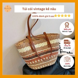 Túi cói vintage nâu đan lưới