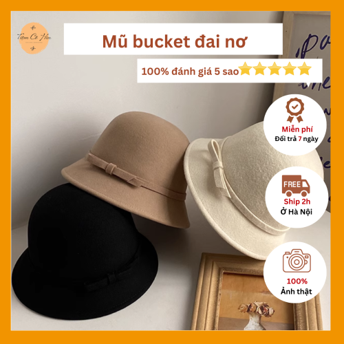 Mũ dạ bucket nơ nhỏ vintage