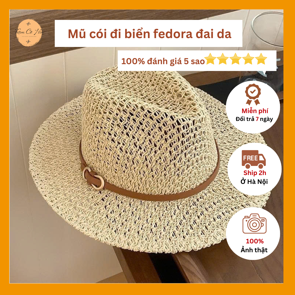 Mũ cói đi biển fedora đan thưa quai da