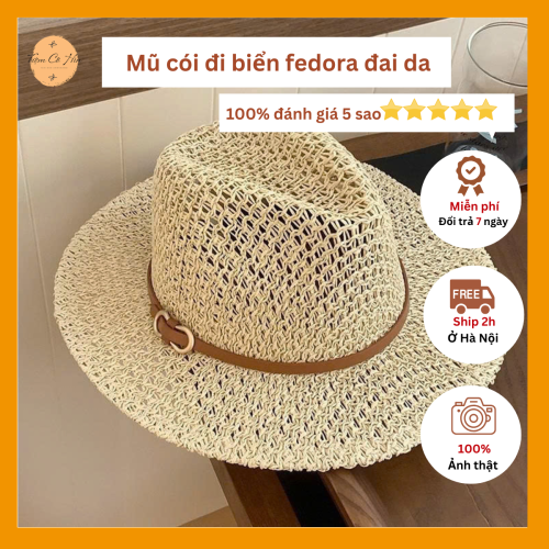 Mũ cói đi biển fedora đan thưa quai da