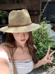 Mũ cói đi biển fedora đan thưa quai da