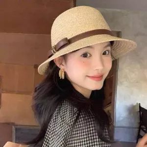 Mũ cói đi biển bucket quai da