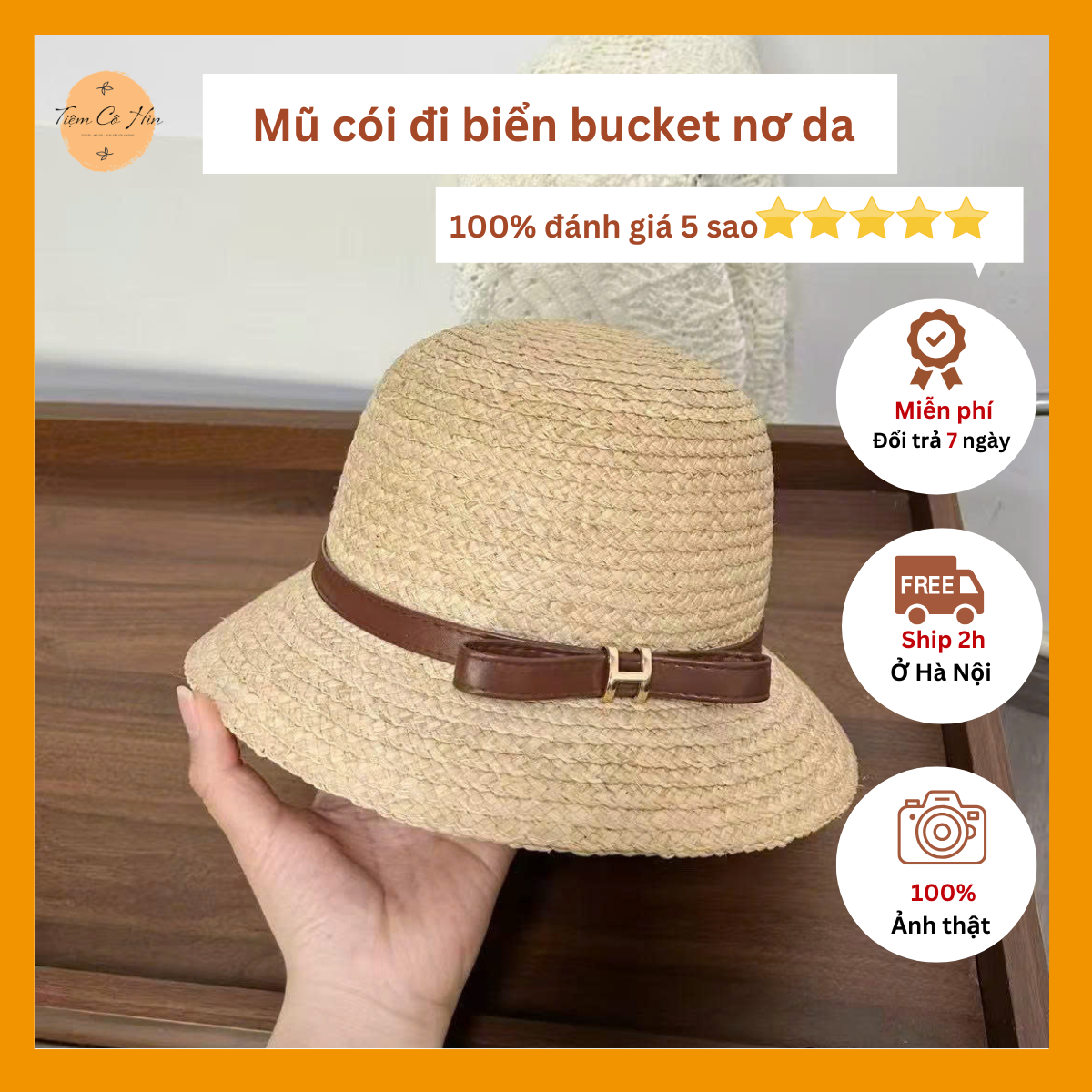 Mũ cói đi biển bucket quai da