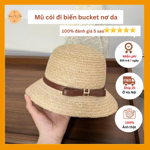 Mũ cói đi biển bucket quai da