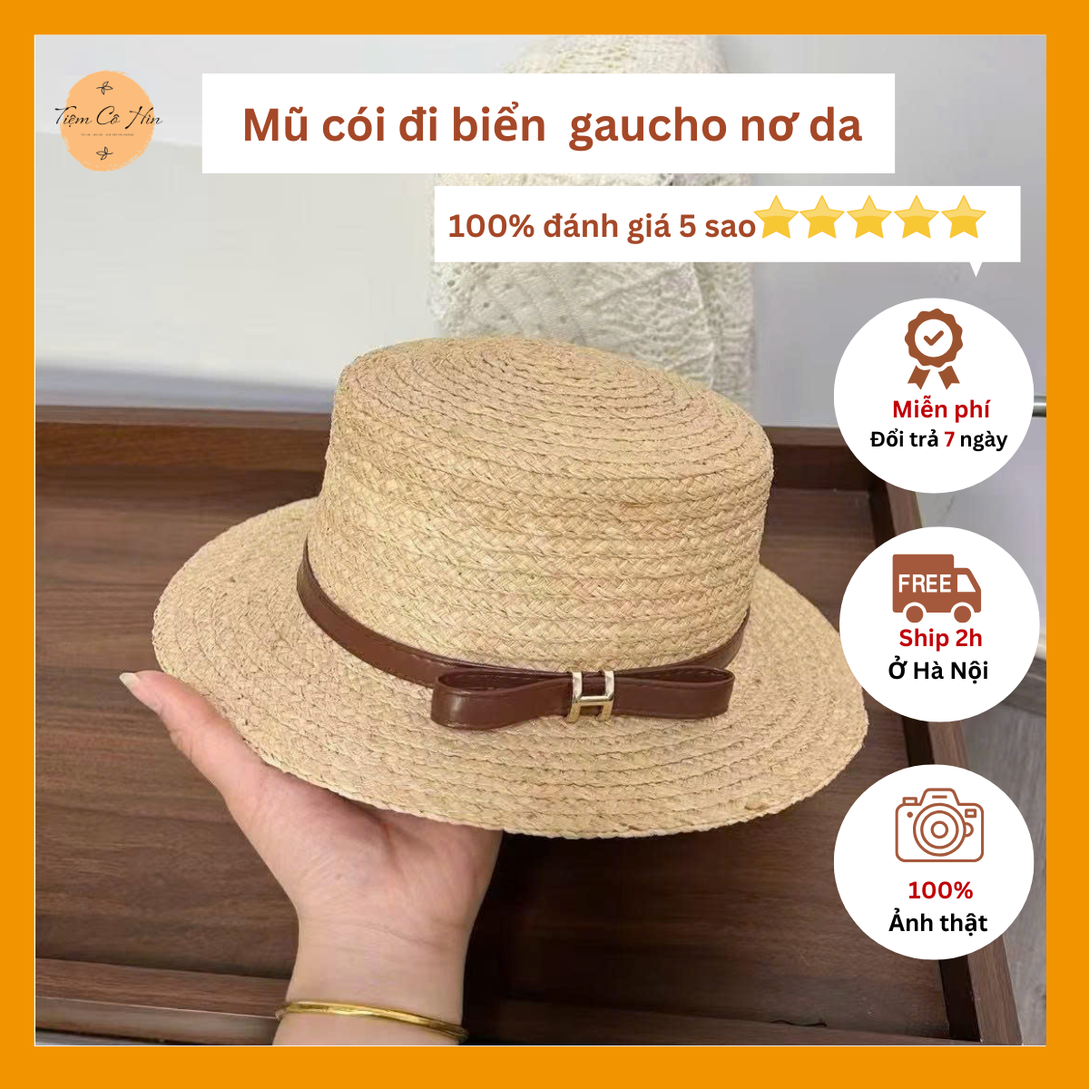 Mũ cói đi biển gaucho quai da