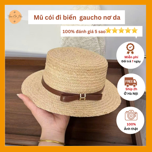 Mũ cói đi biển gaucho quai da