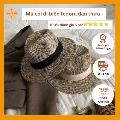 Mũ cói đi biển fedora đan thưa