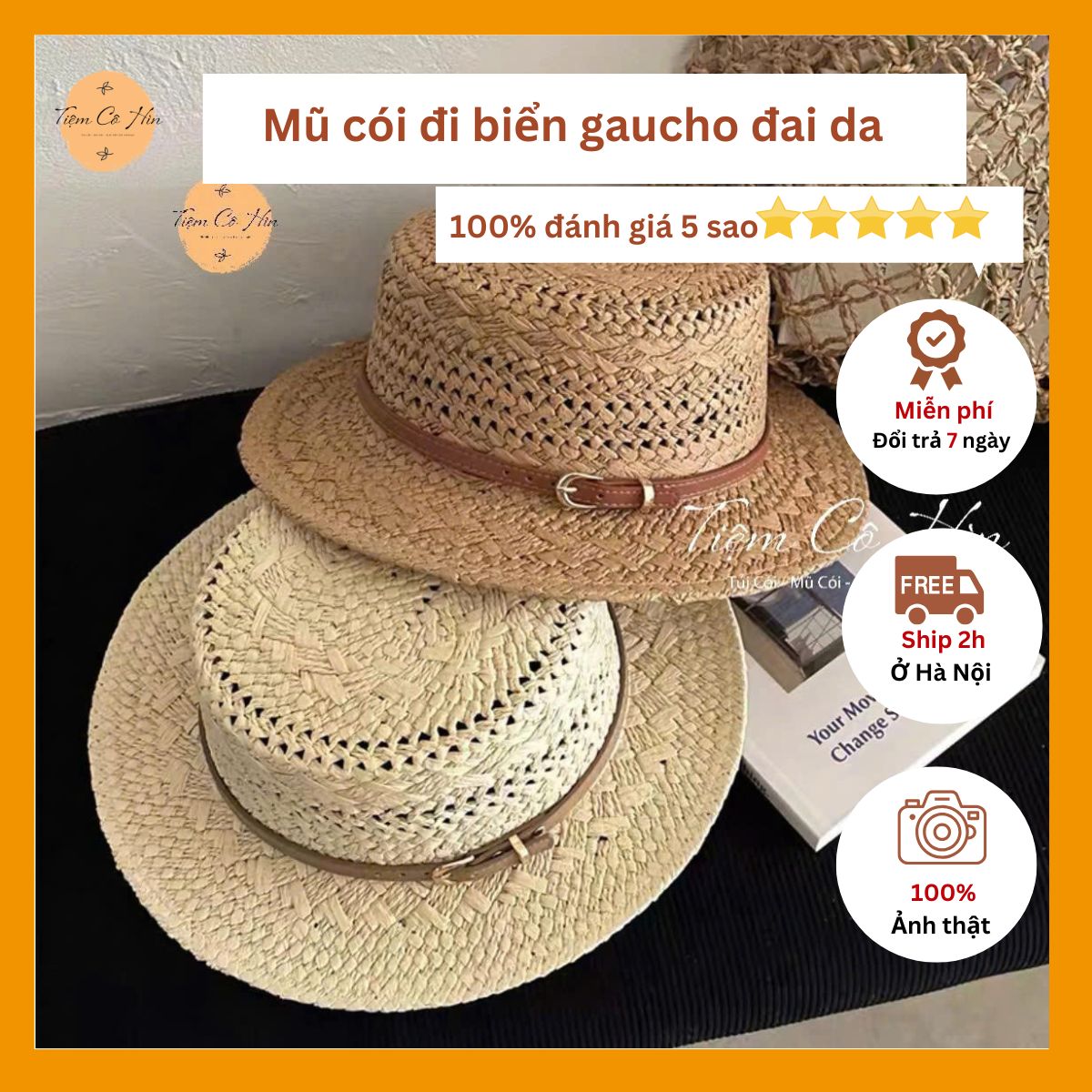 Mũ cói gaucho đai da vintage