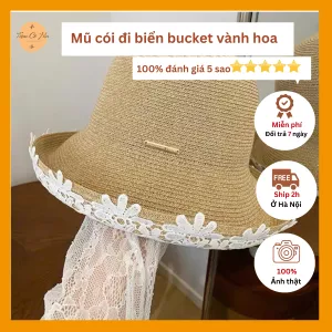 Mũ cói đi biển bucket hoa