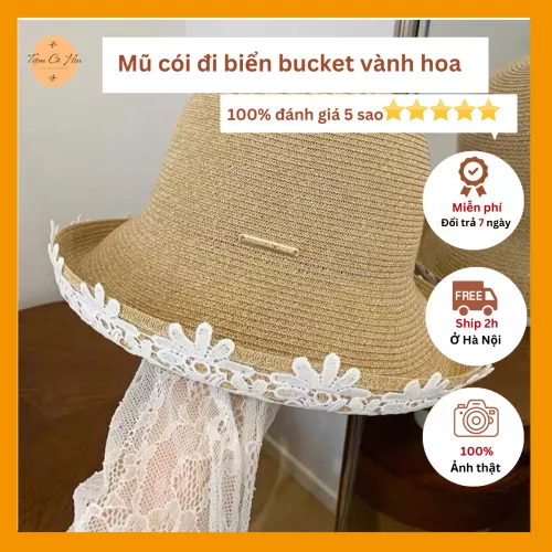 Mũ cói đi biển bucket hoa