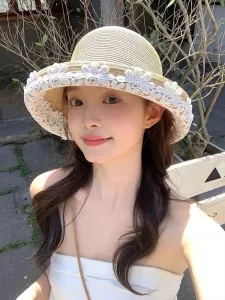 Mũ cói đi biển bucket hoa