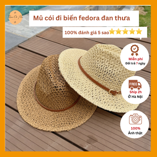 Mũ cói đi biển fedora đan thưa