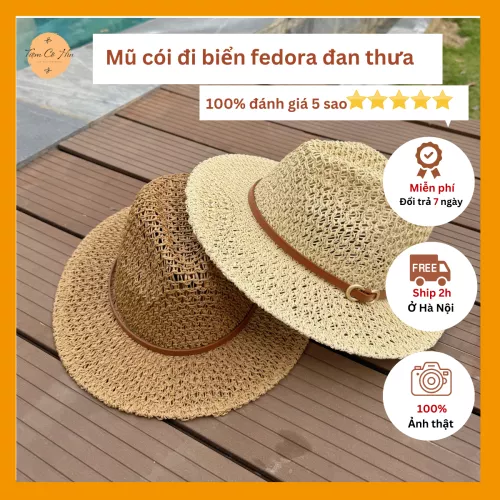 Mũ cói đi biển fedora đan thưa