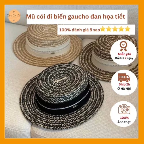 Mũ cói đi biển gaucho họa tiết