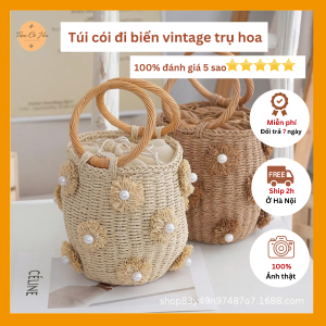 Túi cói đi biển trụ vintage hoa