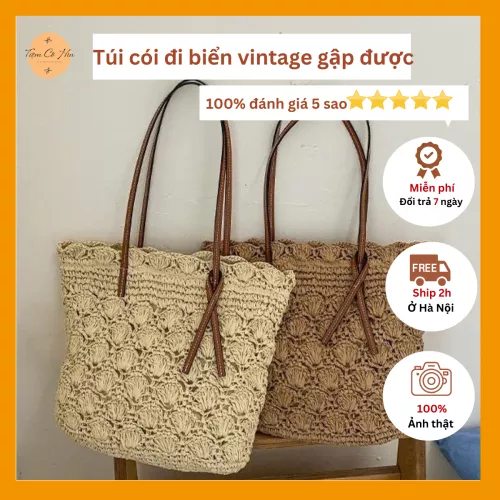 Túi cói đi biển xách tay đan lưới