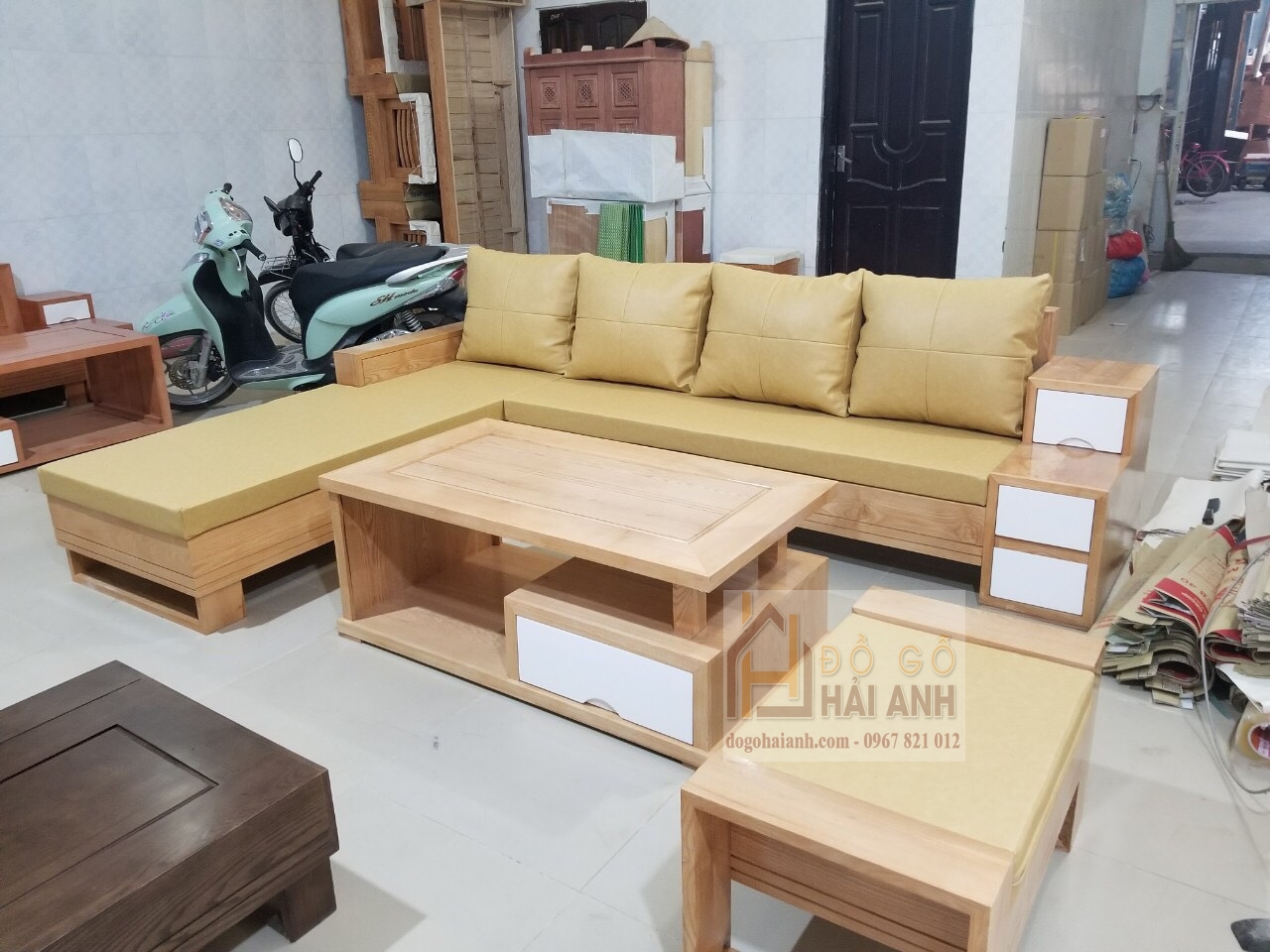 Sofa Góc Gỗ Sồi 3 Ngăn Kéo Full