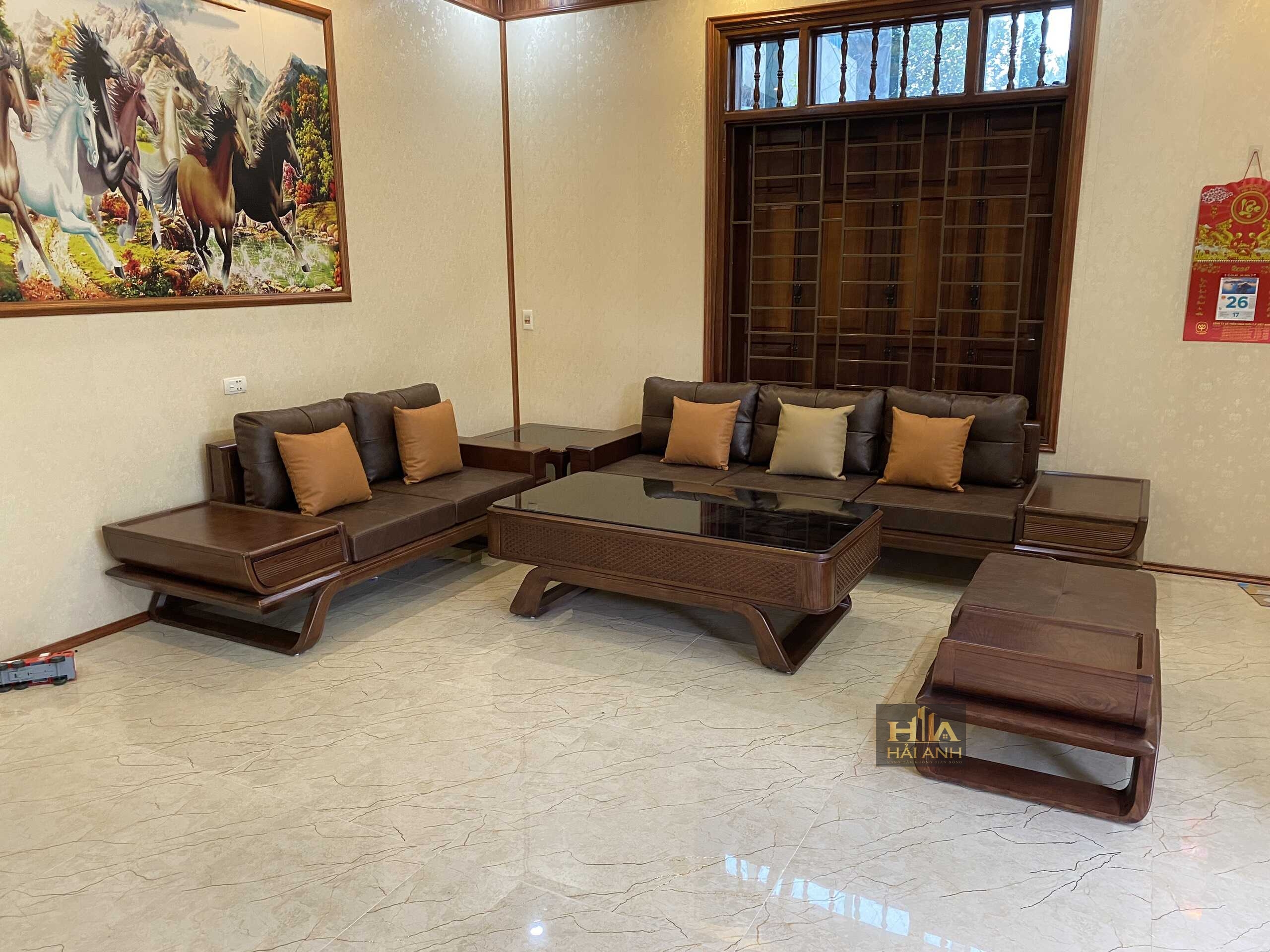 Sofa chân thuyền 2 văng ngăn kéo cong gỗ sồi nga SF11