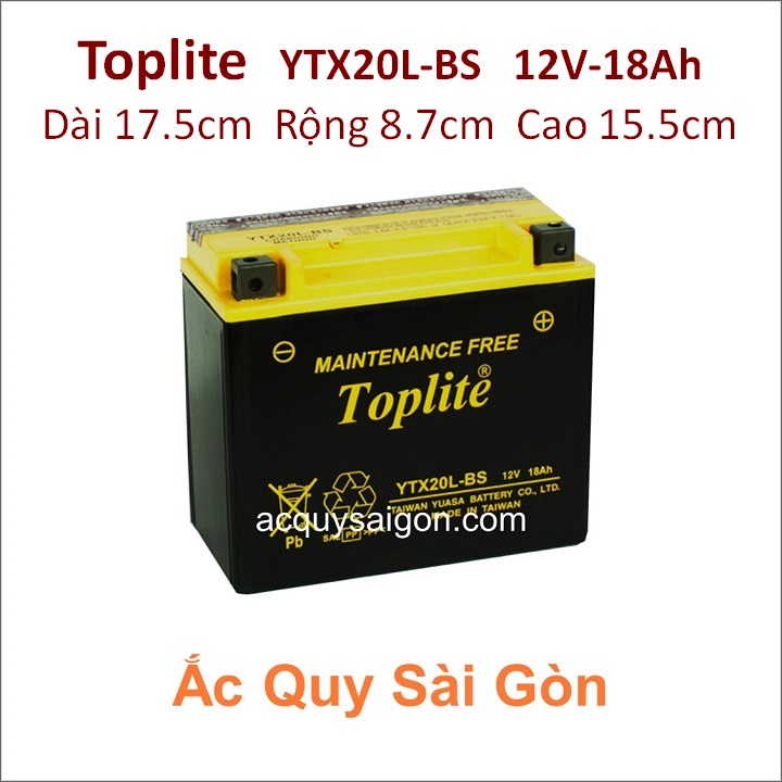 Bình ắc quy Yuasa Toplite YTX20L-BS công suất 12V-18Ah cho xe mô tô Kawasaki ZG1000 / GTR1000 / Concours-1000 997cc - kích thước Dài 17.5cm * Rộng 8.7cm * Cao 15.5cm - acquy moto phân khối lớn pkl