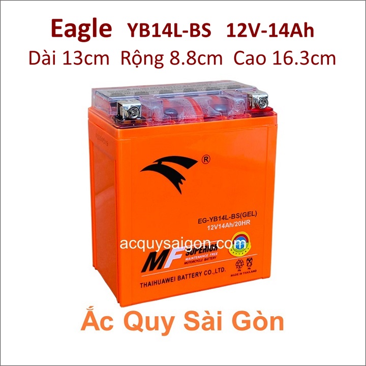 Bình ắc quy Eagle EG-YB14L-BS công suất 12V-14Ah (10h) cho xe mô tô Kawasaki Ninja ZX-10 Tomcat 997cc - kích thước Dài 13cm * Rộng 8.8cm * Cao 16.3cm - acquy moto phân khối lớn pkl