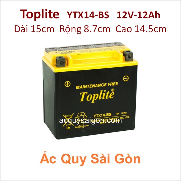 Bình ắc quy Yuasa Toplite YTX14-BS công suất 12V- 12Ah (10h) cho xe mô tô Kawasaki ZRZ1200 1164cc - kích thước Dài 15cm * Rộng 8.7cm * Cao 14.5cm - acquy moto phân khối lớn pkl